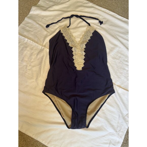 Navy Blue Monokini V-Neck One-Piece Swimsuit Low Back Halter Sexy Minimalist - Picture 7 of 16